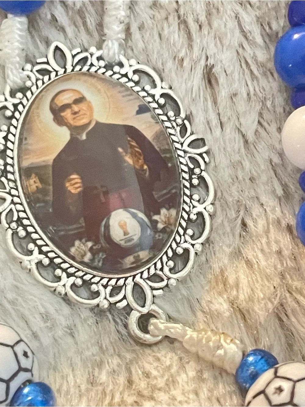 Blue and White Beaded Rosary Necklace with Saint Medallion